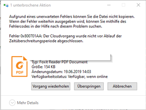 Screenshot des Fehlers 0x800701AA